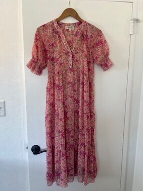 Signify Pink Floral Midi Dress Tiered Chiffon Puff Sleeve with Front Buttons